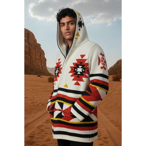 ONE IN A MILLION Aztec Print Mens XL Zip Hooded Cream Cardigan Sweater‎ Coat